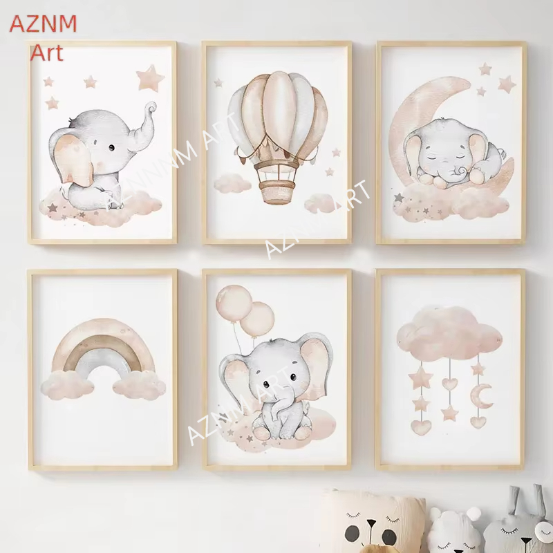Baby Nursery Home - Elephant Balloon Rainbow Moon Stars Cloud