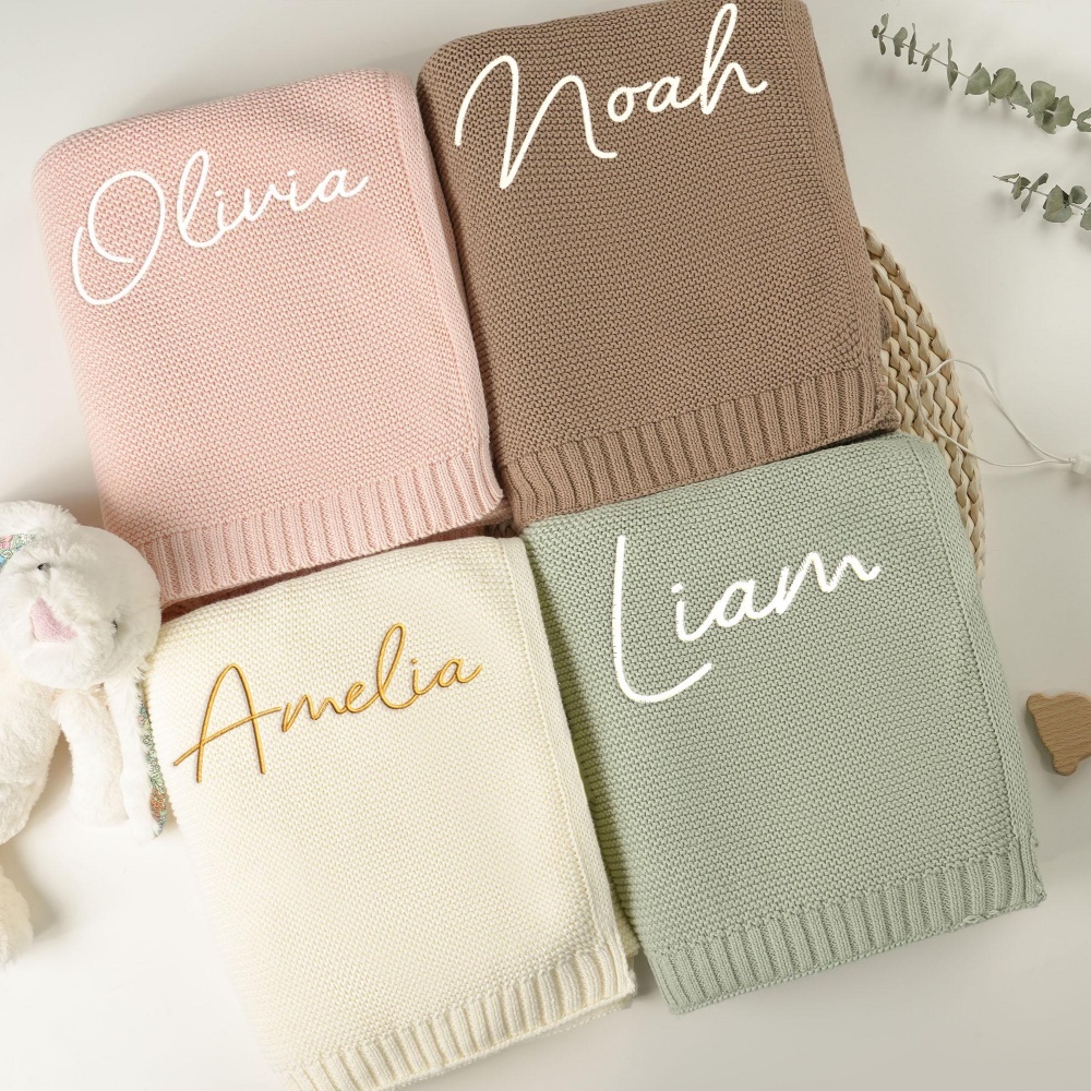 Baby Nursery Keepsake - Custom Name Embroidered Knitted Baby Blanket,