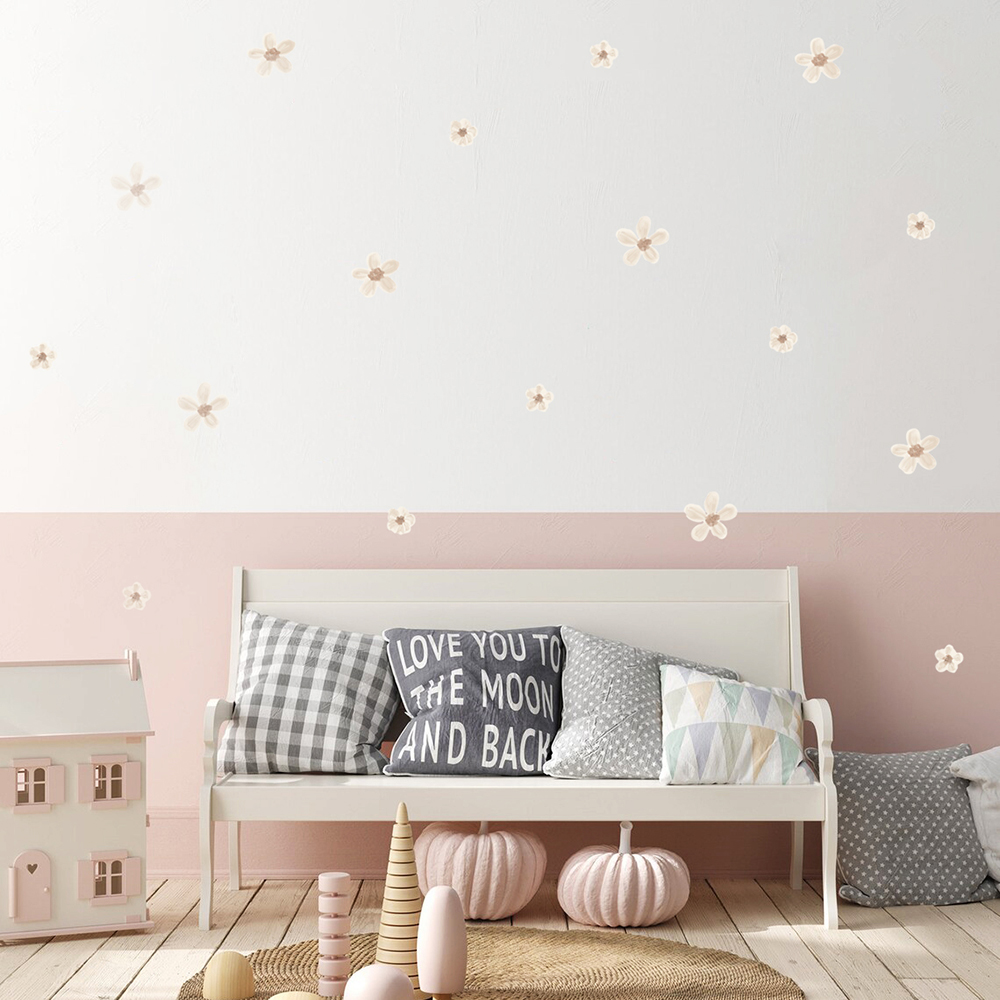 Baby Nursery Wall Mural - Boho Solid Colored Flowers Nursery Wall