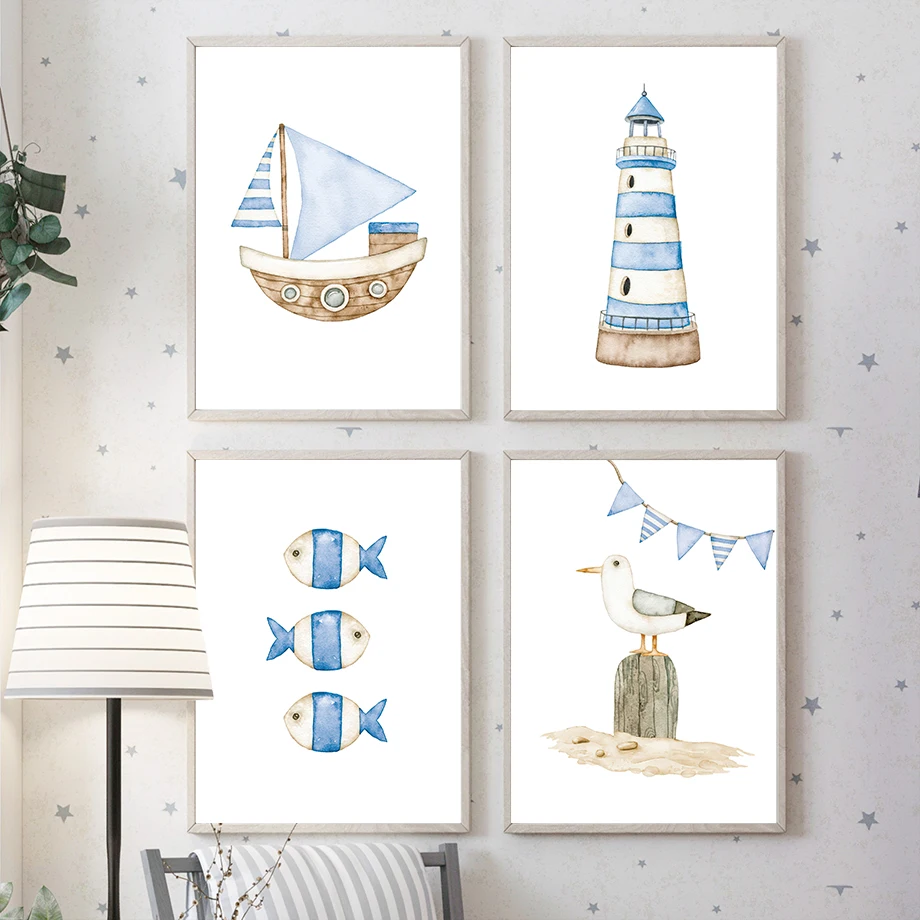 Baby Nursery Home - Sailboat Lighthouse Fish Nautical Nursery Posters