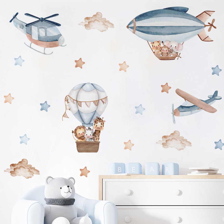 Baby Nursery Hot Air Balloon - Watercolor Animals Hot Air Balloon Clouds