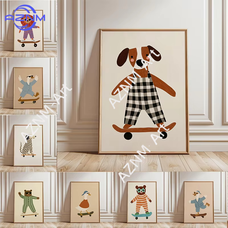 Baby Nursery Home - 1PC Funny Animal Skateboarding Poster Trendy