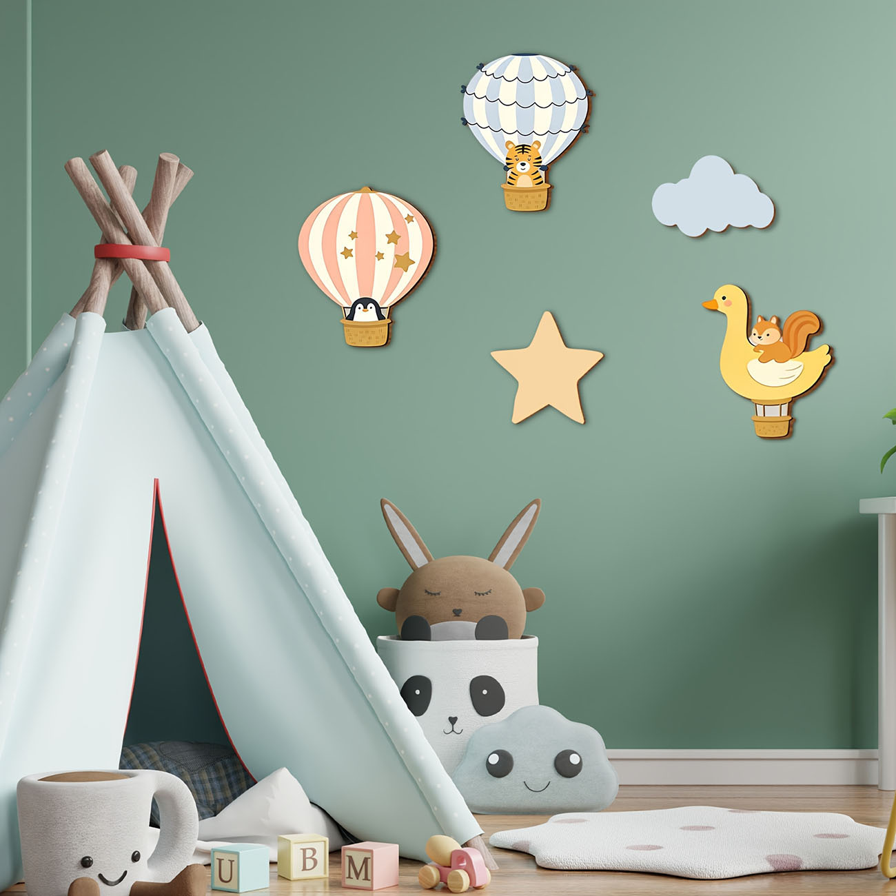 5Pcs Animal Hot Air Balloon Wo - огляд і ціна Baby Nursery Wall Mural